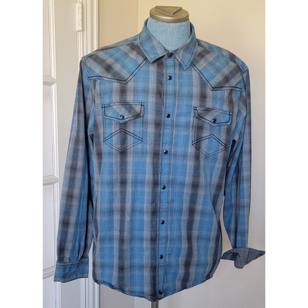 Cody James Long Sleeve Pearl Snap Shirt Men's XL Sky Blue‎ Black&White Striped
